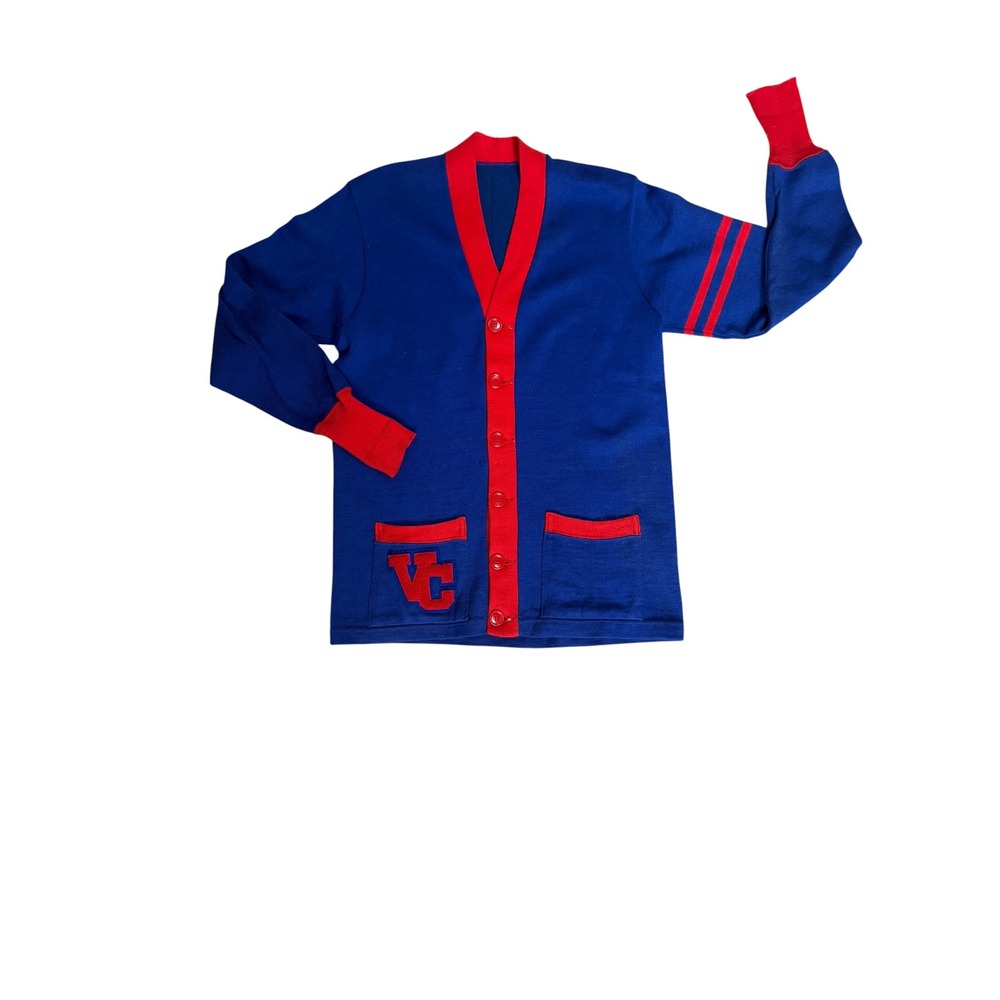 Vintage 50's 60's Wool Letterman Sweater Cardigan Blue Red VC Chenille Patch